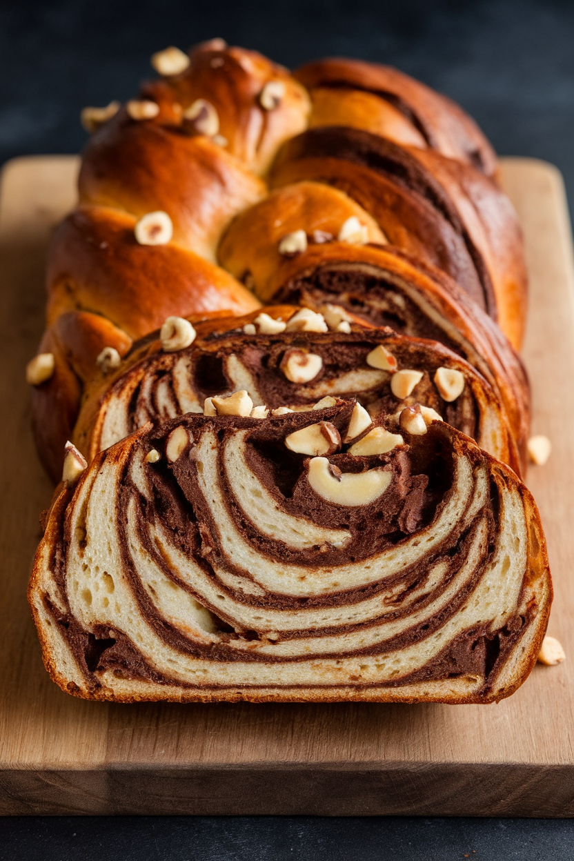 Photo of an indoor loaf of braided babka sliced open to reveal swirling chocolate and chopped hazelnuts, resting on a wooden board. No text or logos visible.