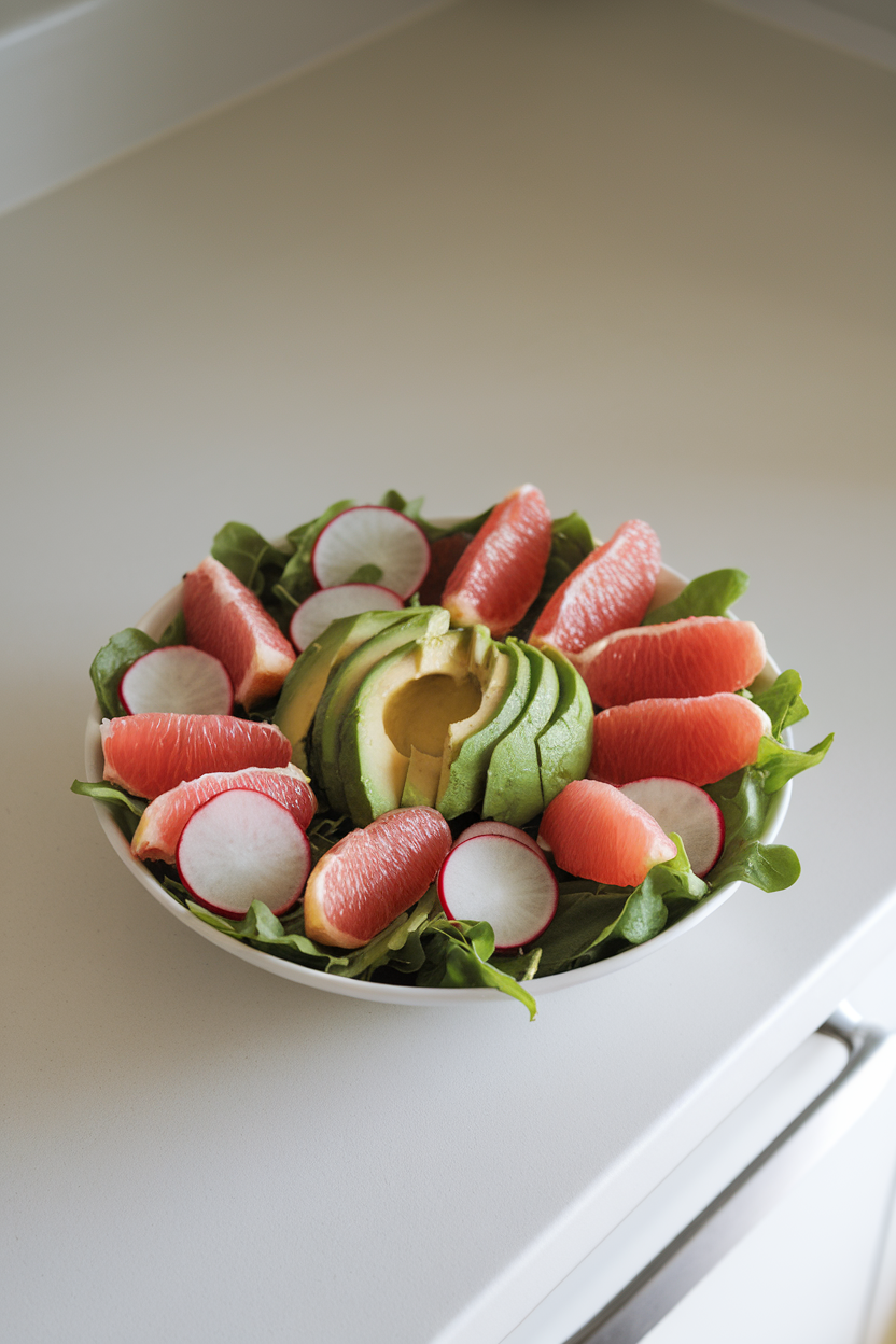 Photo of an indoor countertop with sliced avocado, grapefruit segments, and thin radish rounds arranged on baby greens, lightly drizzled with vinaigrette. No logos or text.