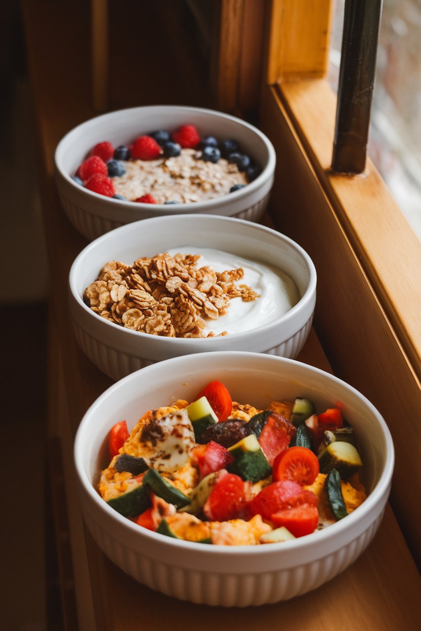 Photo of three bowls lined up indoors: overnight oats with berries, Greek yogurt with granola, and a veggie egg scramble. Warm indoor lighting, no text or logos.
