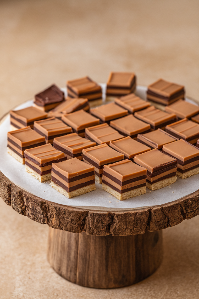 Indoor board featuring square bites of shortbread topped with caramel and chocolate layers, neatly cut. Photo, no text or logos.