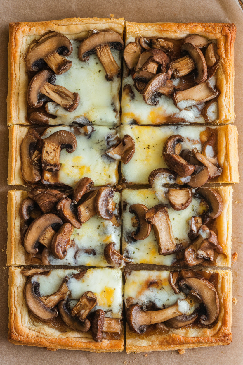 An overhead indoor shot of a rectangular puff-pastry tart topped with sautéed wild mushrooms and melted gruyère, sliced into portions. No text or logos in frame. Photo.