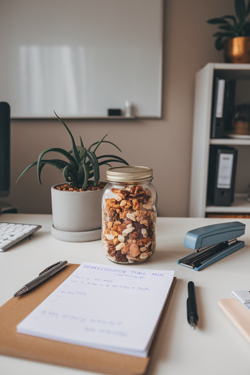 Indoor office desk with a jar of homemade trail mix beside work notes, no text or logos. Photo.
