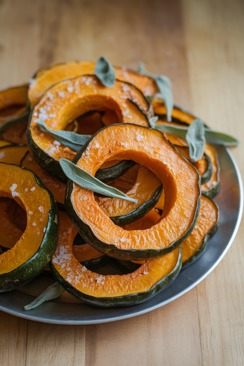 Indoor platter of roasted delicata squash rings, skin on, sprinkled with sage and sea salt. Photo only, no logos.