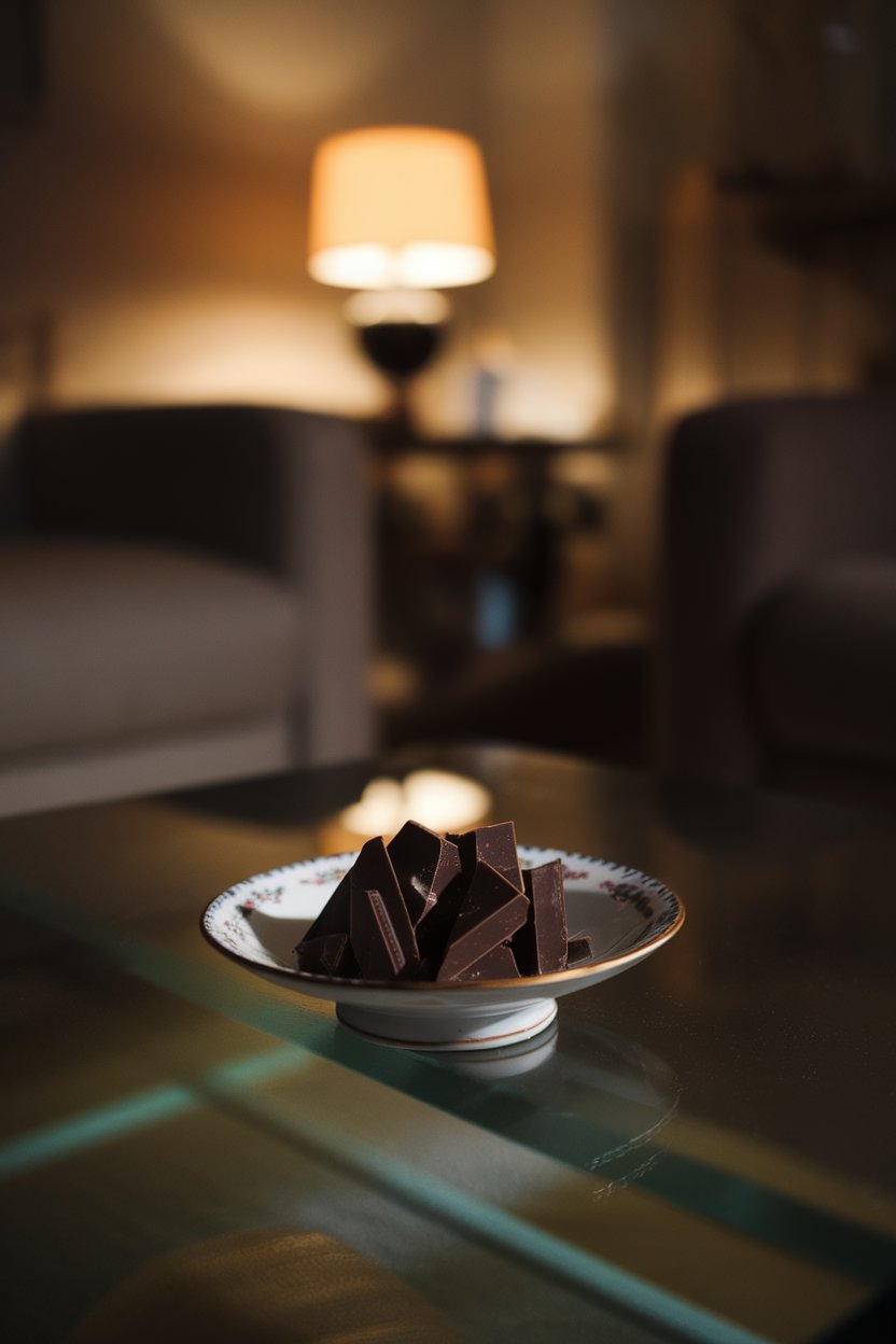 Photo of a small porcelain dish with neatly broken pieces of 70% dark chocolate on a coffee table indoors. Soft evening lamp light, no text or logos.