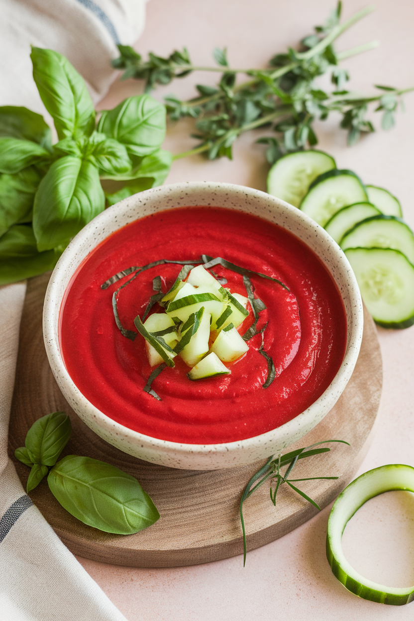 Indoor photo of a chilled bowl of bright red gazpacho garnished with basil chiffonade and diced cucumber; no text or logos.