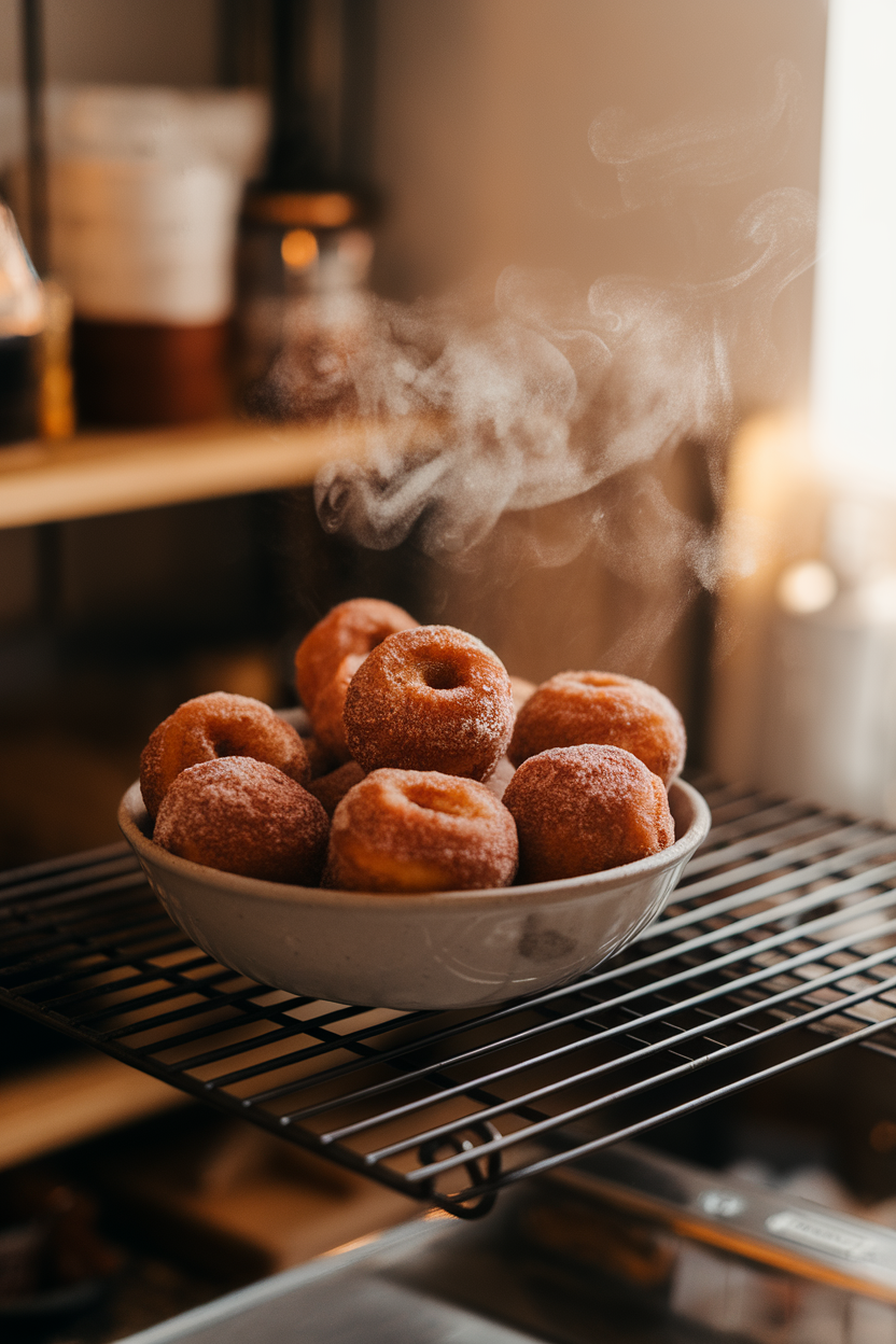 An indoor bakery-style rack holding a bowl of cinnamon-sugared apple cider donut holes, steam faintly visible under warm lighting. Photo, no text or logos.