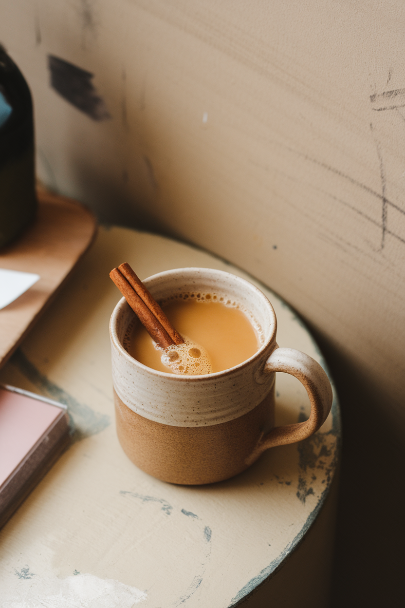 A ceramic mug on an indoor side table holding warm golden milk with a cinnamon stick floating on top; no text or logos.