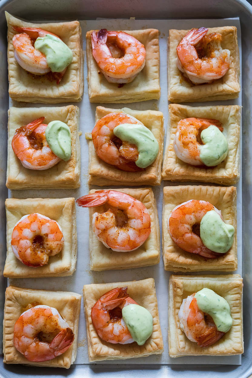 An indoor sheet pan with puff pastry squares topped with cooked Cajun-spiced shrimp and a dab of remoulade, no text or logos.
