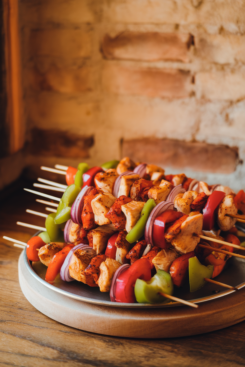 An indoor platter of kabob sticks threaded with paprika-rubbed chicken chunks, bell peppers, and red onion. No text or logos. Photo only.