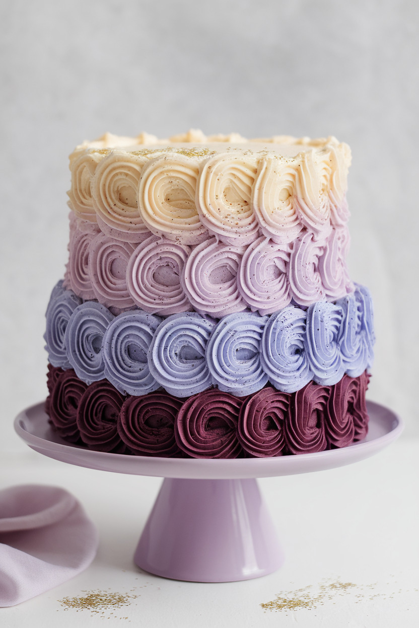 Indoor cake stand with tiered sponge fading from pale lavender at top to deep plum at base, frosted in silky Italian meringue buttercream, decorated with edible glitter. No text or logos.