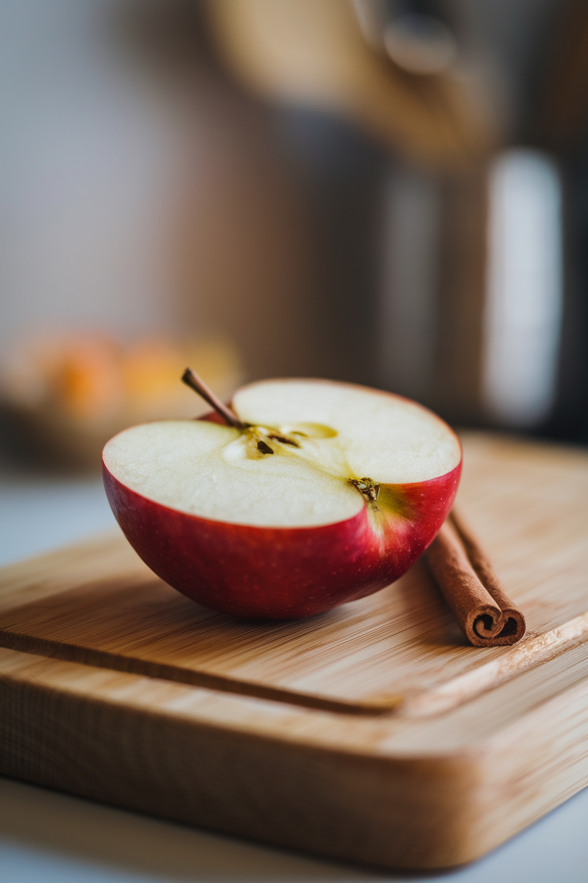Indoor close-up of a polished red apple sliced open on a cutting board, cinnamon nearby, no text or logos. Photo.