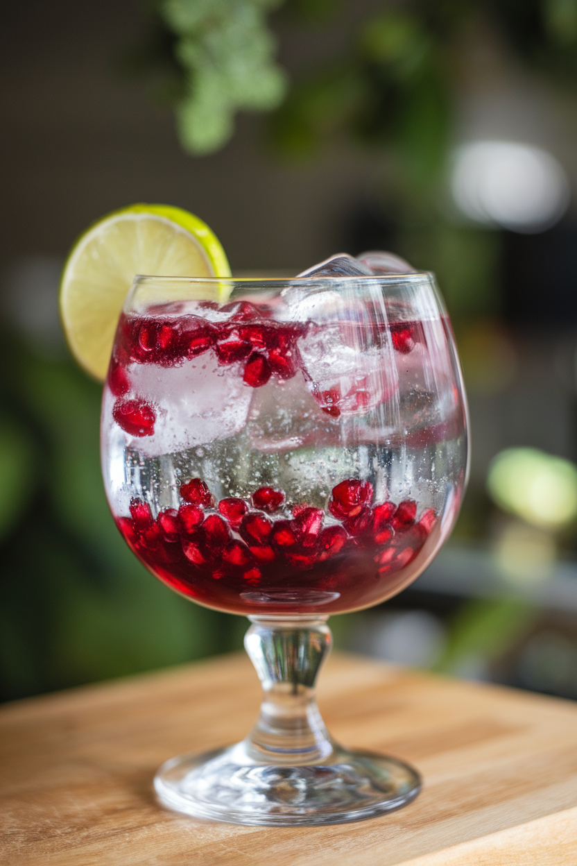 A photo taken indoors of a clear stemmed glass half-filled with deep red pomegranate juice, topped with sparkling water, ice cubes glimmering, and a thin crescent slice of lime floating on top. No text or logos.