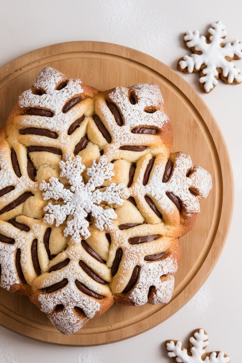 Overhead indoor photo of pull-apart snowflake bread with visible Nutella swirls and a light dusting of powdered sugar; no text or logos.
