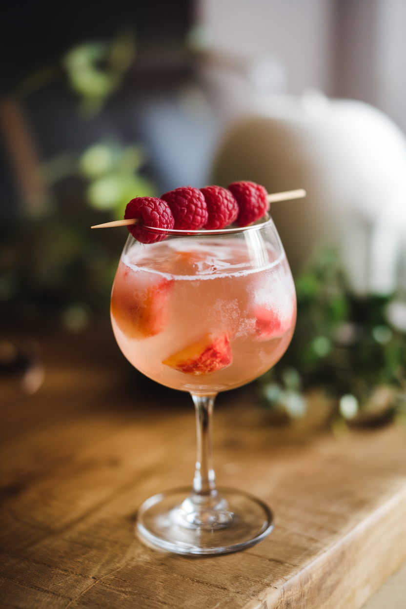 Indoor photo of stemmed glass with blush peach raspberry mocktail, raspberry skewer resting on rim; no text or logos.