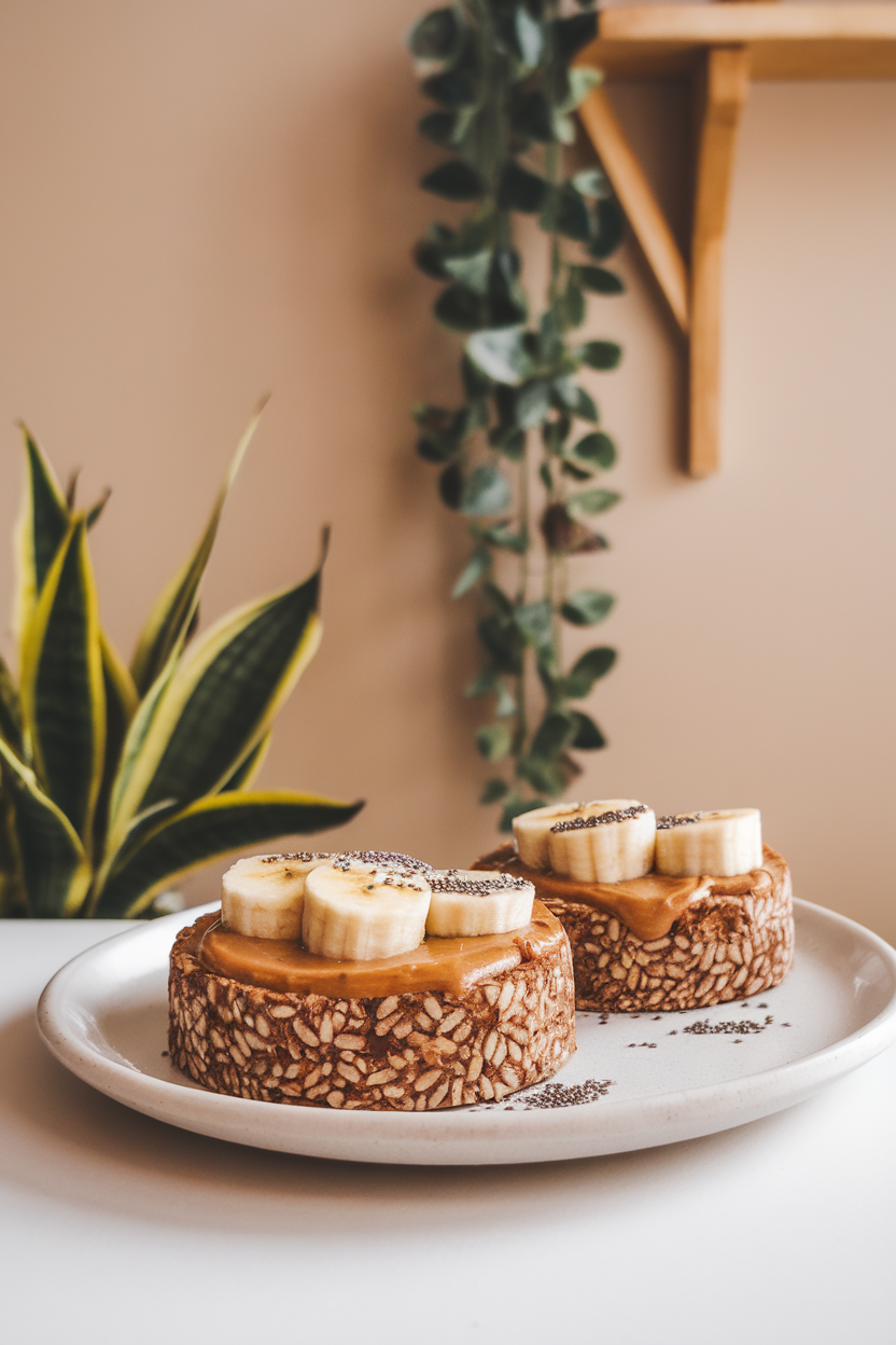 Indoor photo of two brown-rice cakes spread with almond butter and topped with banana slices and a sprinkle of chia seeds, no text or logos.