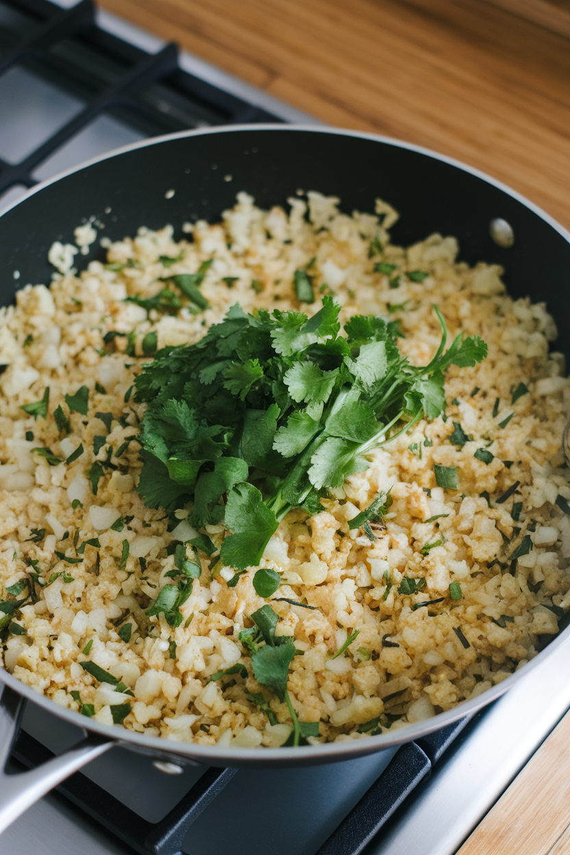 Indoor stovetop pan of sautéed cauliflower rice with herbs—photo.