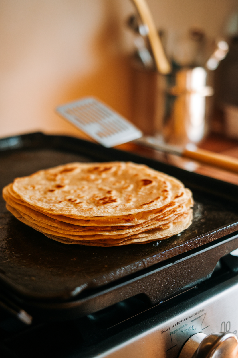 Photo prompt: An indoor griddle view of a layered masala paratha puffing up, spatula nearby. No text or logos.