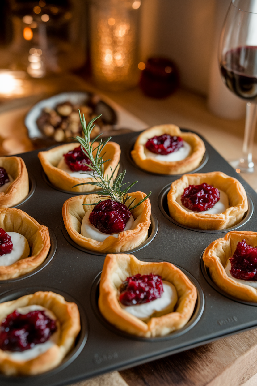 Photo of a warmly lit indoor countertop featuring a muffin tin of puff-pastry cups filled with melted brie and jewel-red cranberry sauce, garnished with a sprig of rosemary. No text or logos anywhere in the scene.