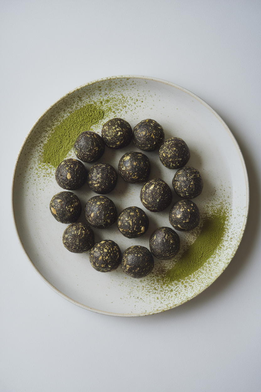 Photo of an indoor minimalist plate featuring deep gray black sesame matcha energy balls, thin dusting of matcha on the plate. No text or logos.