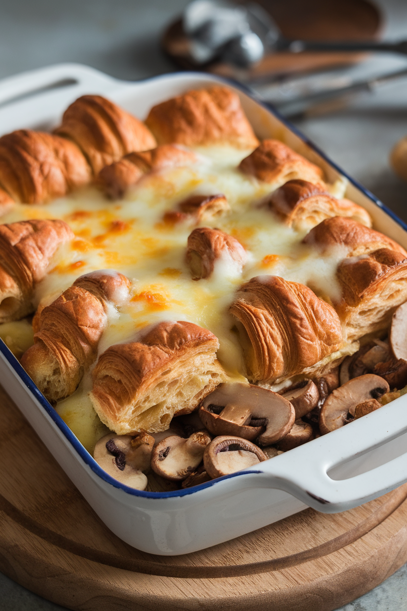 Photo of an indoor casserole dish layered with torn croissants, sautéed mushrooms, and melted Gruyère bubbling on top. No text or logos visible.