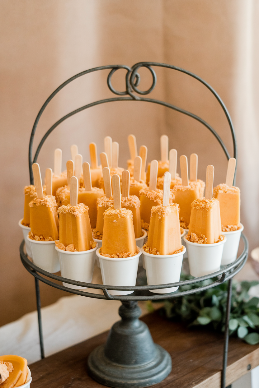 An indoor popsicle stand holding creamy orange sweet potato pie pops, graham cracker crumbs sprinkled on top. Photo, no text or logos.