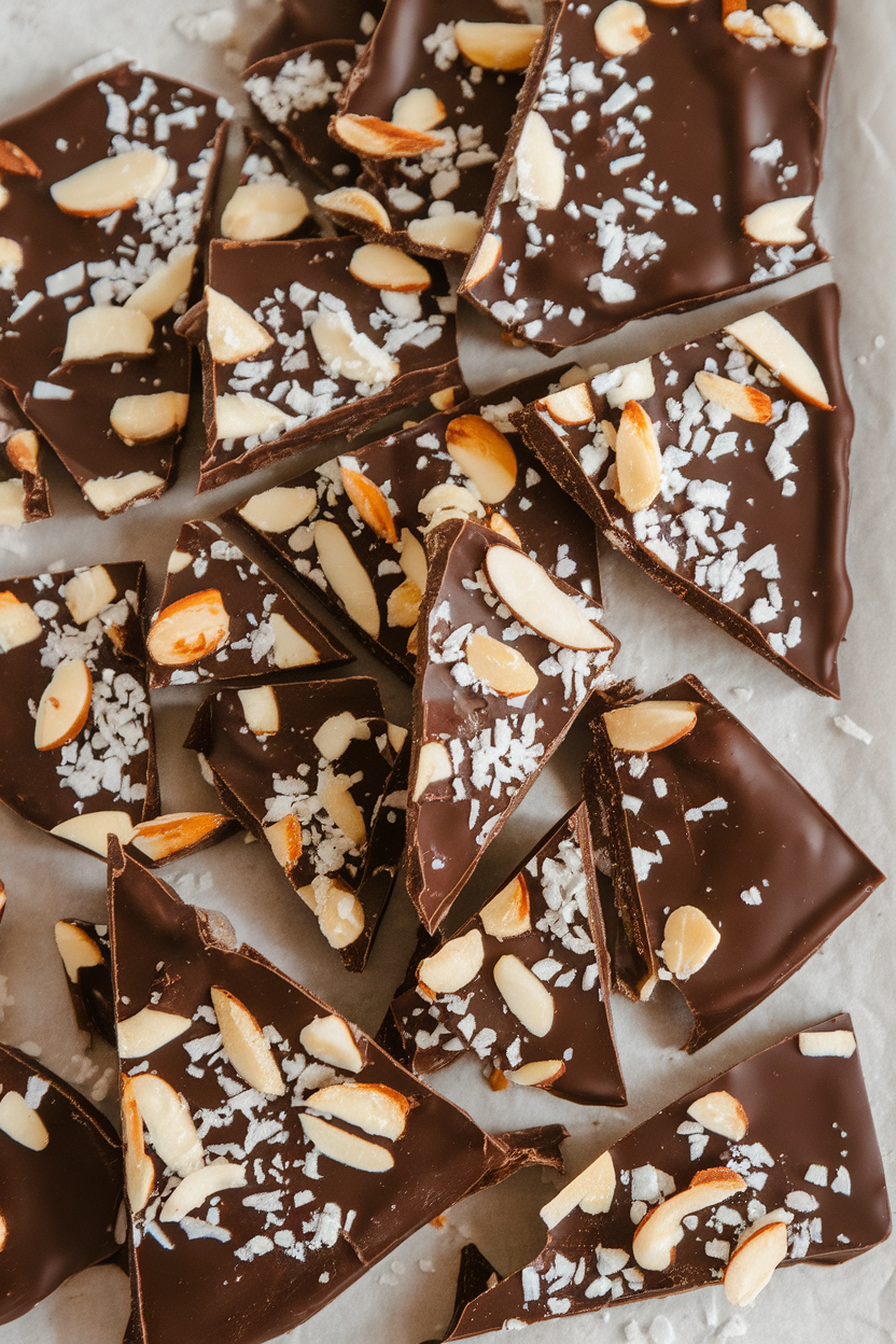 An indoor tray of broken pieces of dark chocolate bark studded with shredded coconut and almond slivers, glossy surface. No text or logos present. Photo, not illustration.