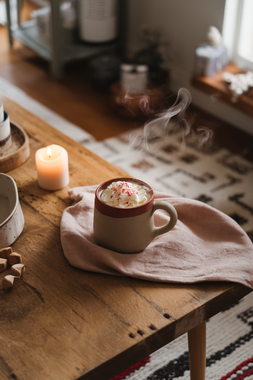 Indoor fireside coffee table holding a ceramic mug of steaming hot chocolate topped with whipped cream and a crushed candy cane sprinkle. No text or logos; photograph, not illustration.