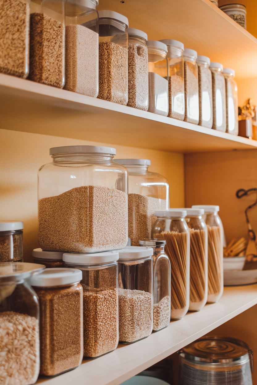 An indoor pantry shelf neatly lined with jars of brown rice, quinoa, oats, and whole-wheat pasta under warm lighting—no text or logos visible—photo.