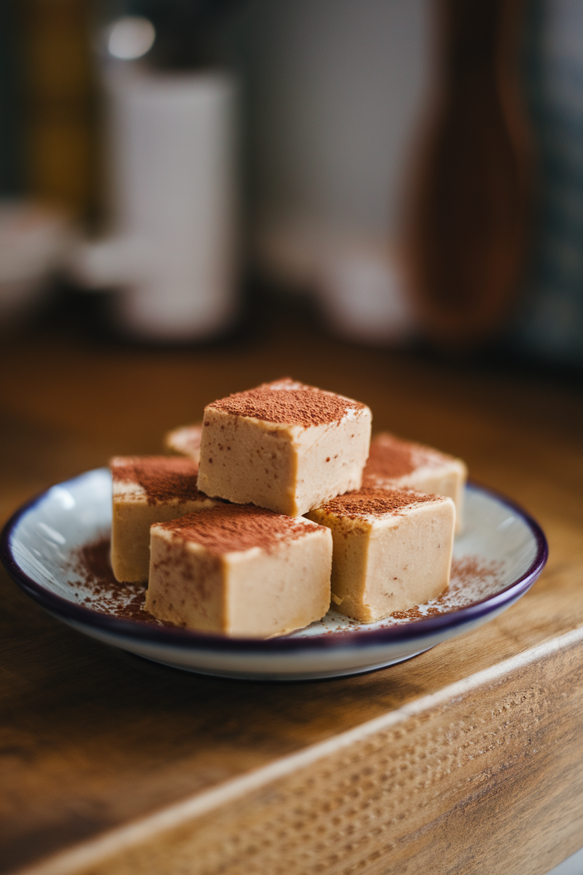 An indoor dessert plate with small square cinnamon almond butter fat bombs dusted lightly with cocoa, no text or logos. Photo only.