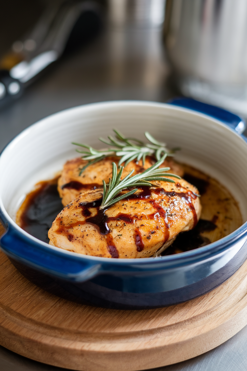 Indoor ceramic dish featuring air-fried chicken breast brushed with dark balsamic reduction and rosemary sprigs, photographed eye level. No text or logos.