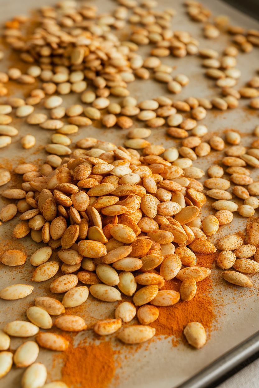 Indoor baking sheet filled with golden roasted pumpkin seeds dusted with spices, photographed at a slight angle. No text or logos.