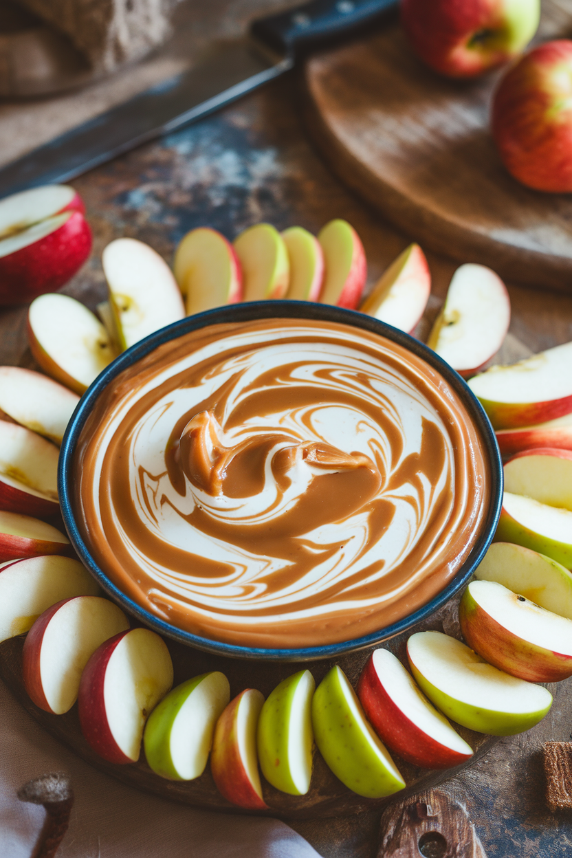 A shallow indoor bowl of creamy caramel dip swirled with cream cheese, sliced apples arranged around. No text or logos.</Prompt