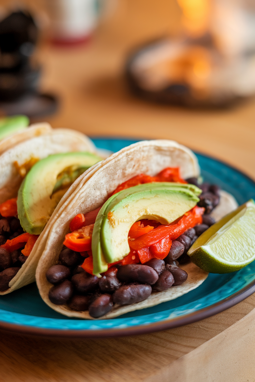 Indoor photo of soft corn tortillas filled with black beans, sautéed peppers, and avocado slices, lime wedge on the side. No text or logos.