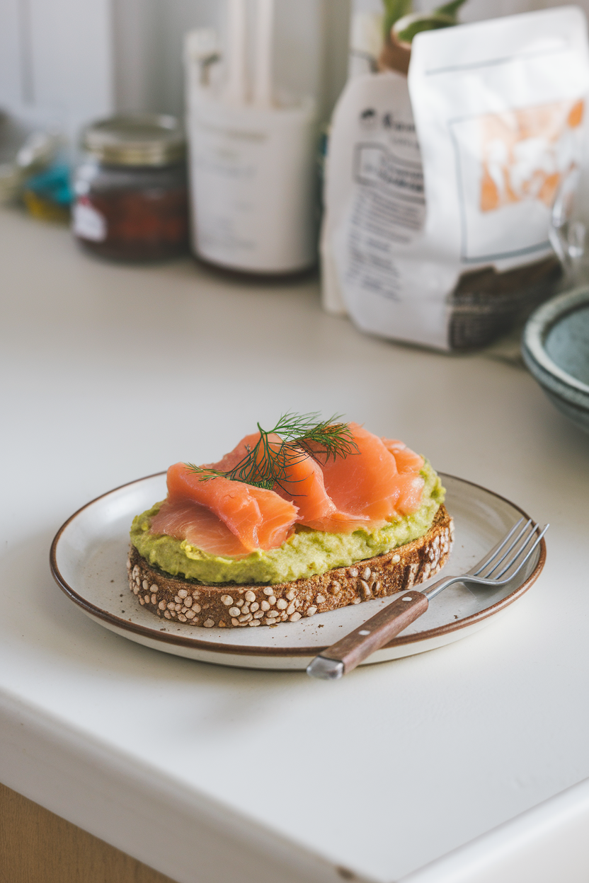 Photo of an indoor countertop scene showing sprouted-grain toast topped with mashed avocado, cooked smoked salmon, and a sprinkle of dill, captured from a slight overhead angle. No branding or logos visible.