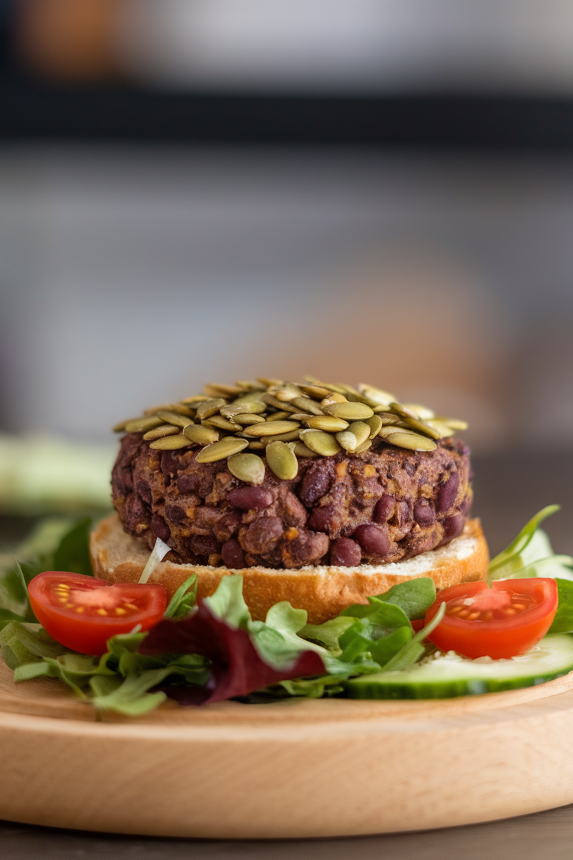 Photo of a black bean burger topped with toasted pumpkin seeds, served bun-less on a salad indoors; no text or logos; photo, not illustration