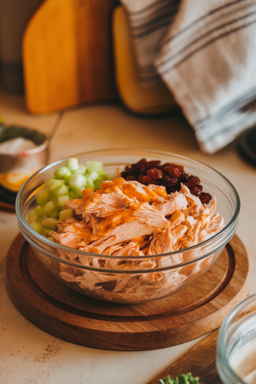Indoor kitchen table featuring a bowl of shredded chicken mixed with golden curry-spiced coconut milk yogurt, diced celery, and raisins — no text or logos