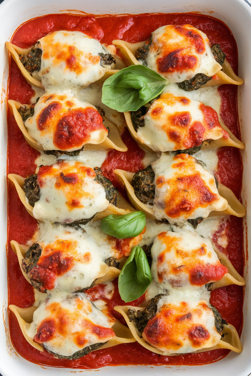 An indoor baking dish of whole-wheat pasta shells stuffed with spinach-ricotta filling, topped with marinara, cheese lightly browned; no text or logos.