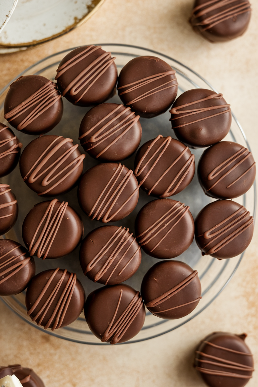 An indoor platter of small round peanut butter chocolate fat bombs, glossy surface, no text or logos. Photo only.