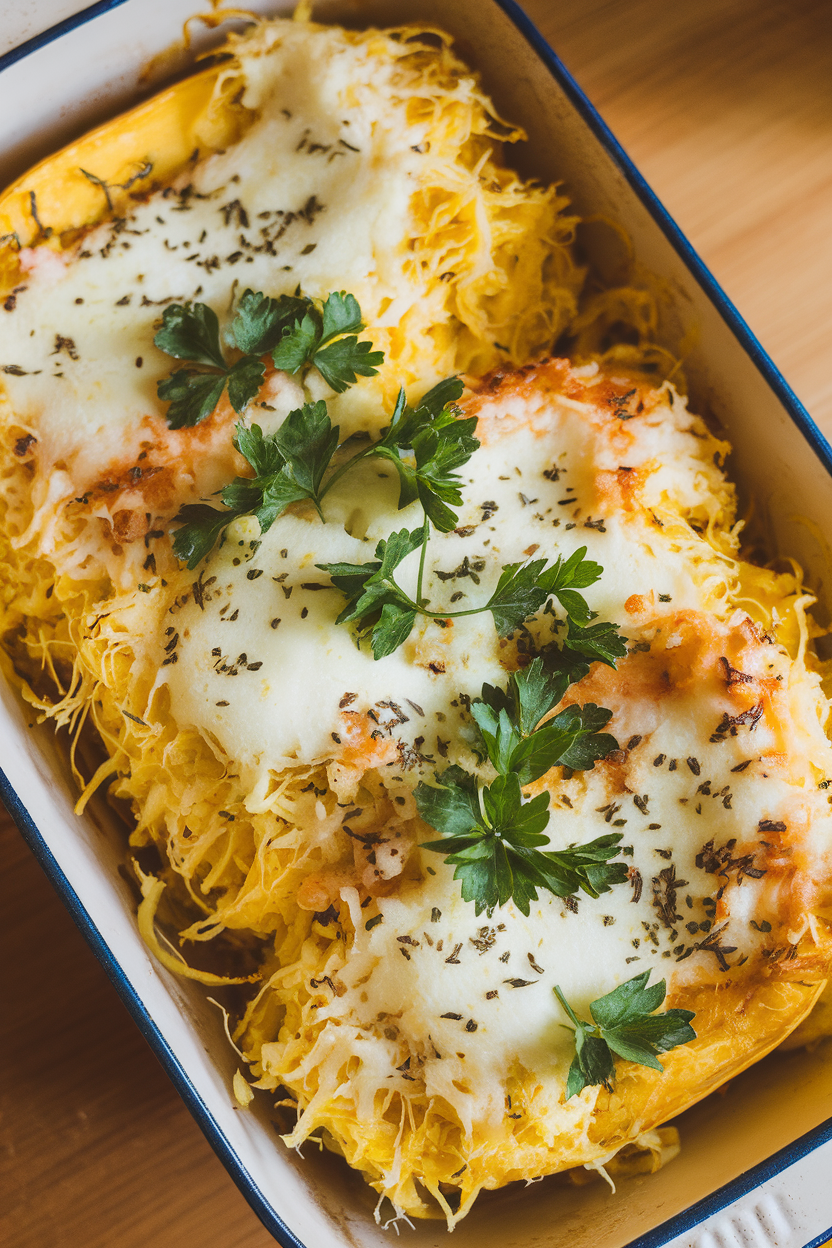 Indoor casserole dish with spaghetti squash strands baked with herbs and melted mozzarella, overhead. No text or logos.