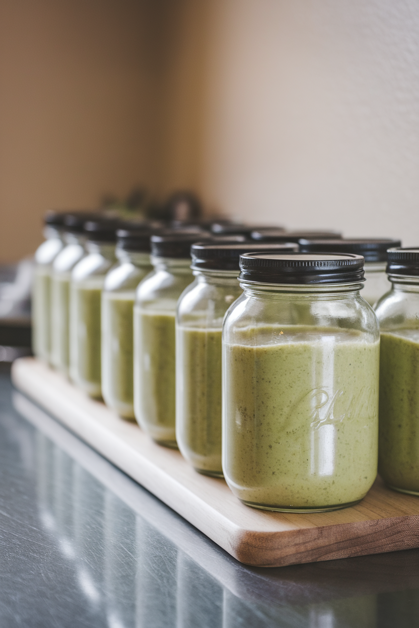 Indoor countertop lined with sealed glass jars of pale green avocado spinach smoothie, ready for the fridge. No text or logos present.