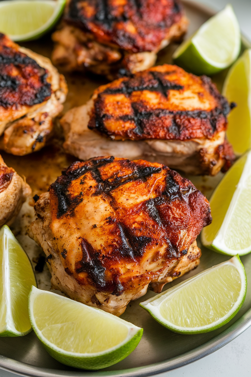 Indoor photo of grilled jerk-spiced chicken thighs on a platter with lime wedges; no text or logos