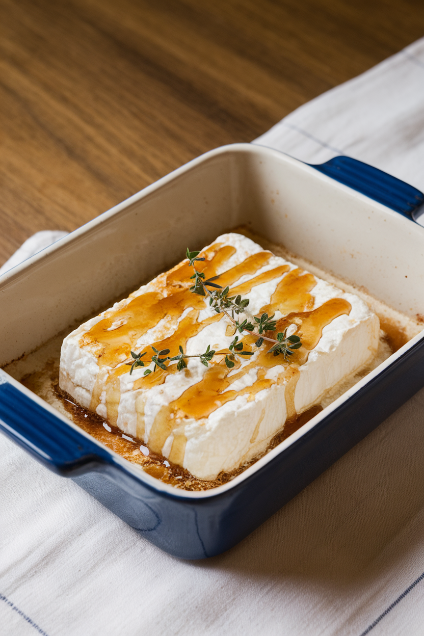 A ceramic baking dish on an indoor dining table holding a block of bubbling baked feta drizzled with honey, fresh thyme sprigs on top; no text or logos.