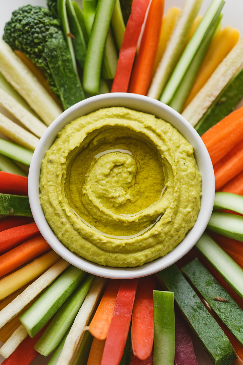 Indoor photo of a small bowl of bright green edamame hummus drizzled with olive oil, surrounded by vegetable sticks; no text or logos.