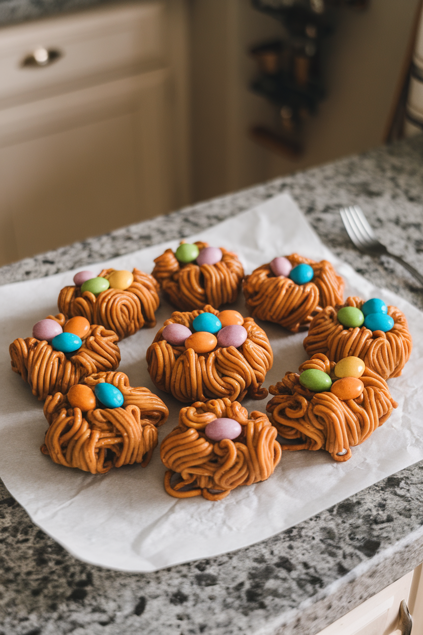 An indoor countertop with parchment paper holding clusters of chow mein noodles coated in butterscotch, candies nestled in the center to mimic eggs. Photo, no text or logos.