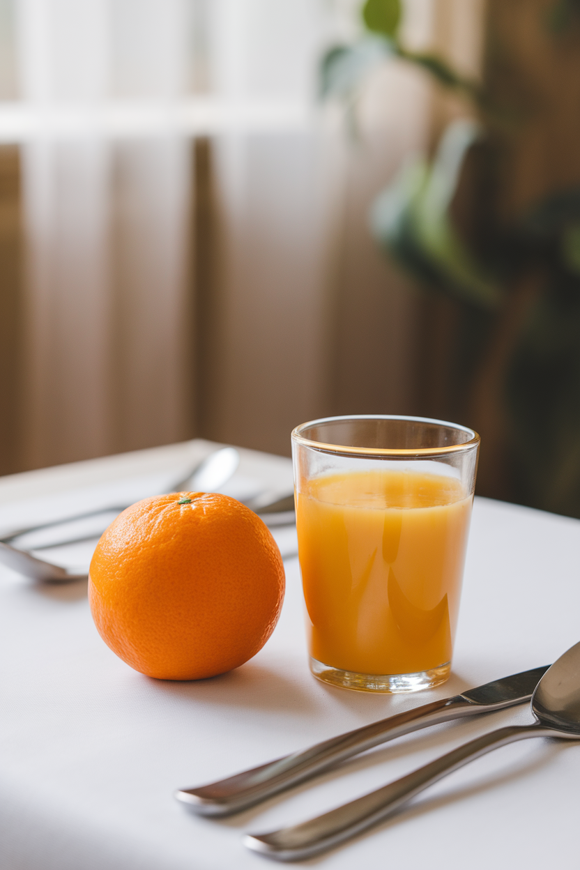 Photo prompt: An indoor breakfast table featuring a whole orange next to a small glass of orange juice, highlighting fiber difference, no branding.