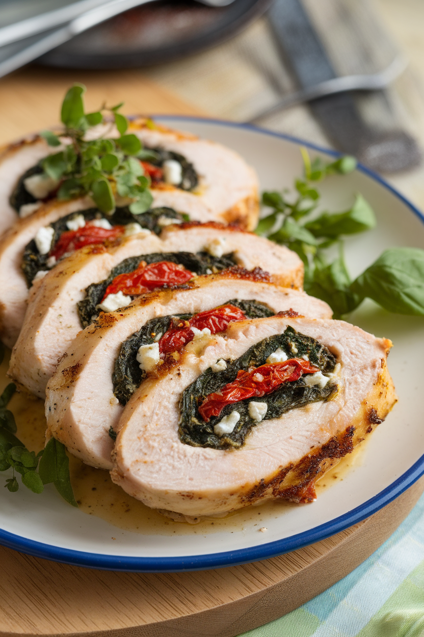 Photo of sliced chicken breasts stuffed with spinach, feta, and sun-dried tomatoes, served on an indoor plate. No text or logos.</Prompt