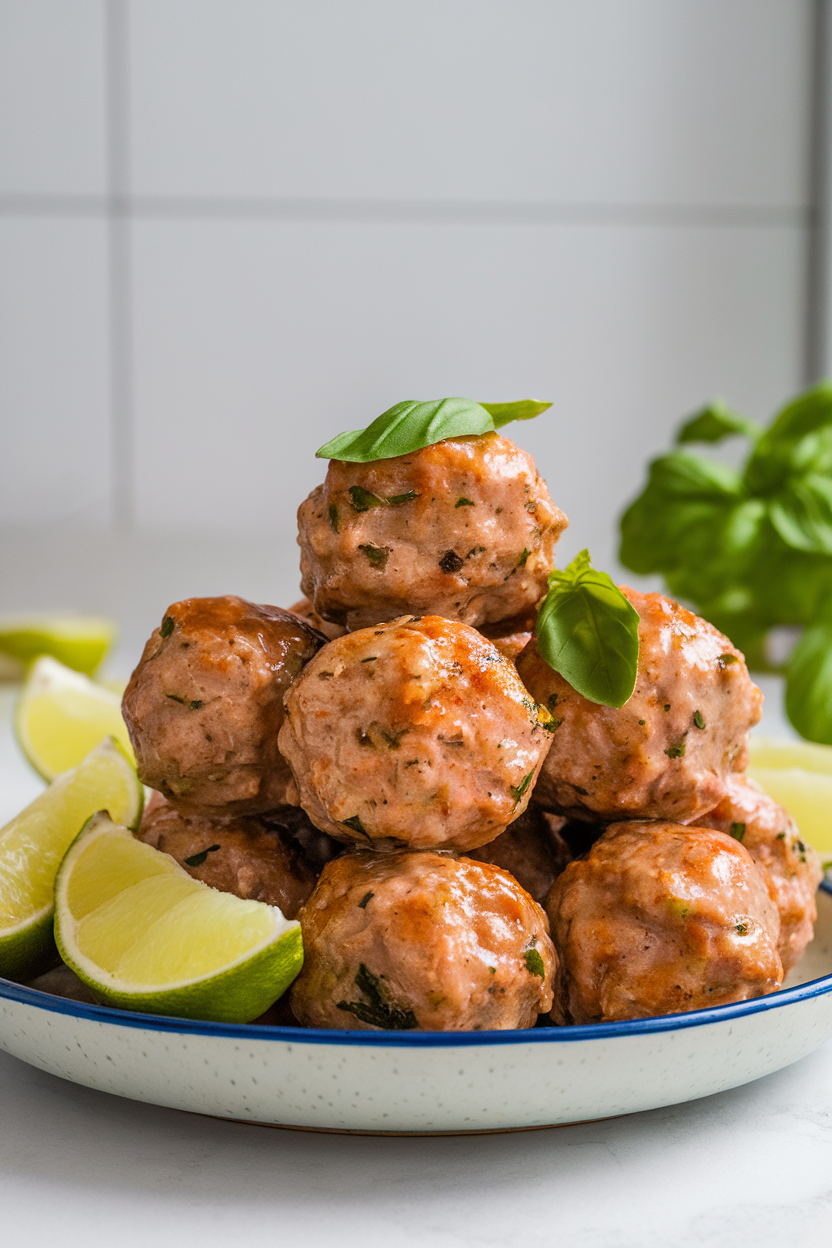 Photo of an indoor serving plate stacked with glazed turkey meatballs, flecks of basil visible, lime wedges alongside, no logos present.