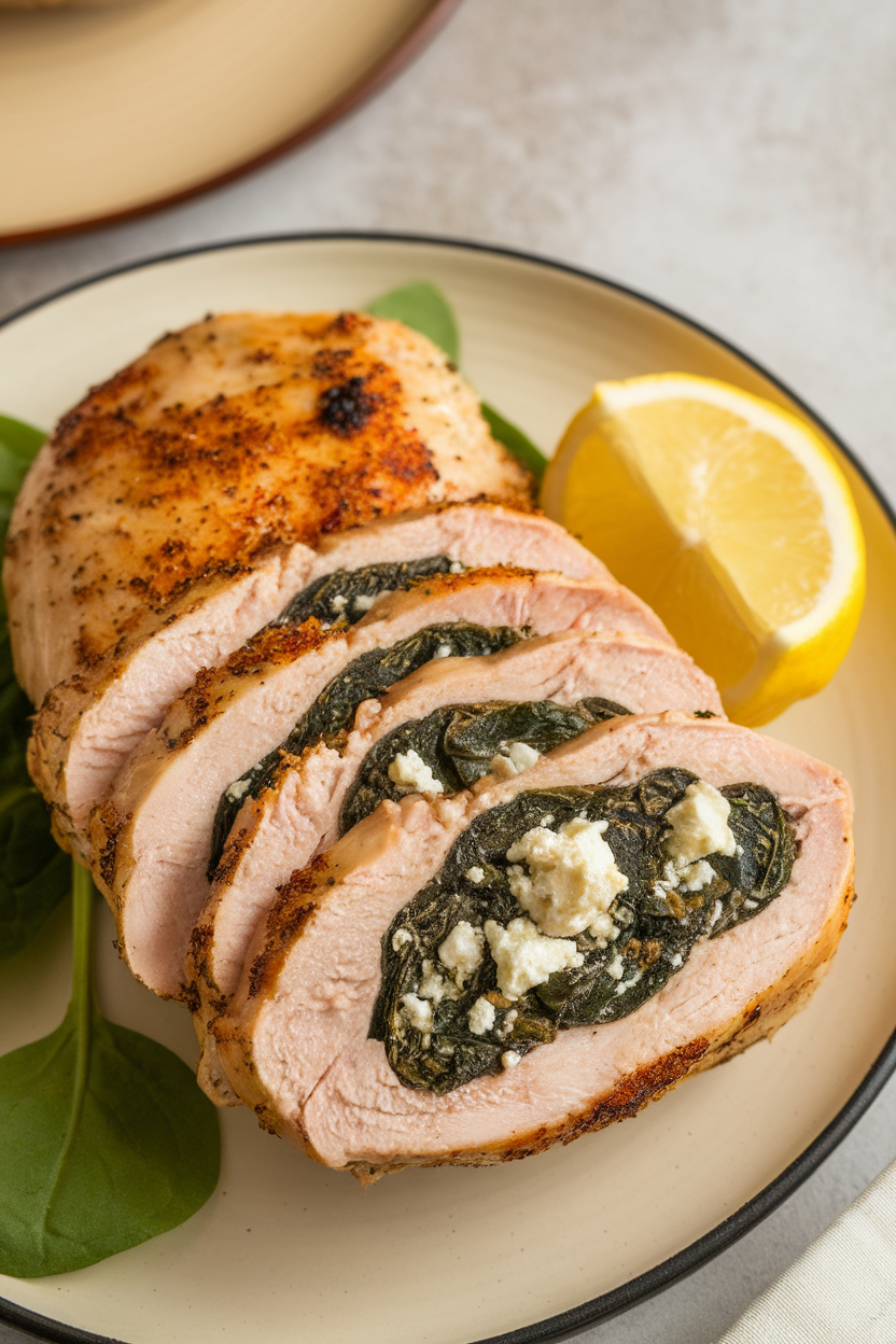 Indoor photo of sliced stuffed chicken breast revealing spinach and feta filling, served with a lemon wedge. No text or logos.
