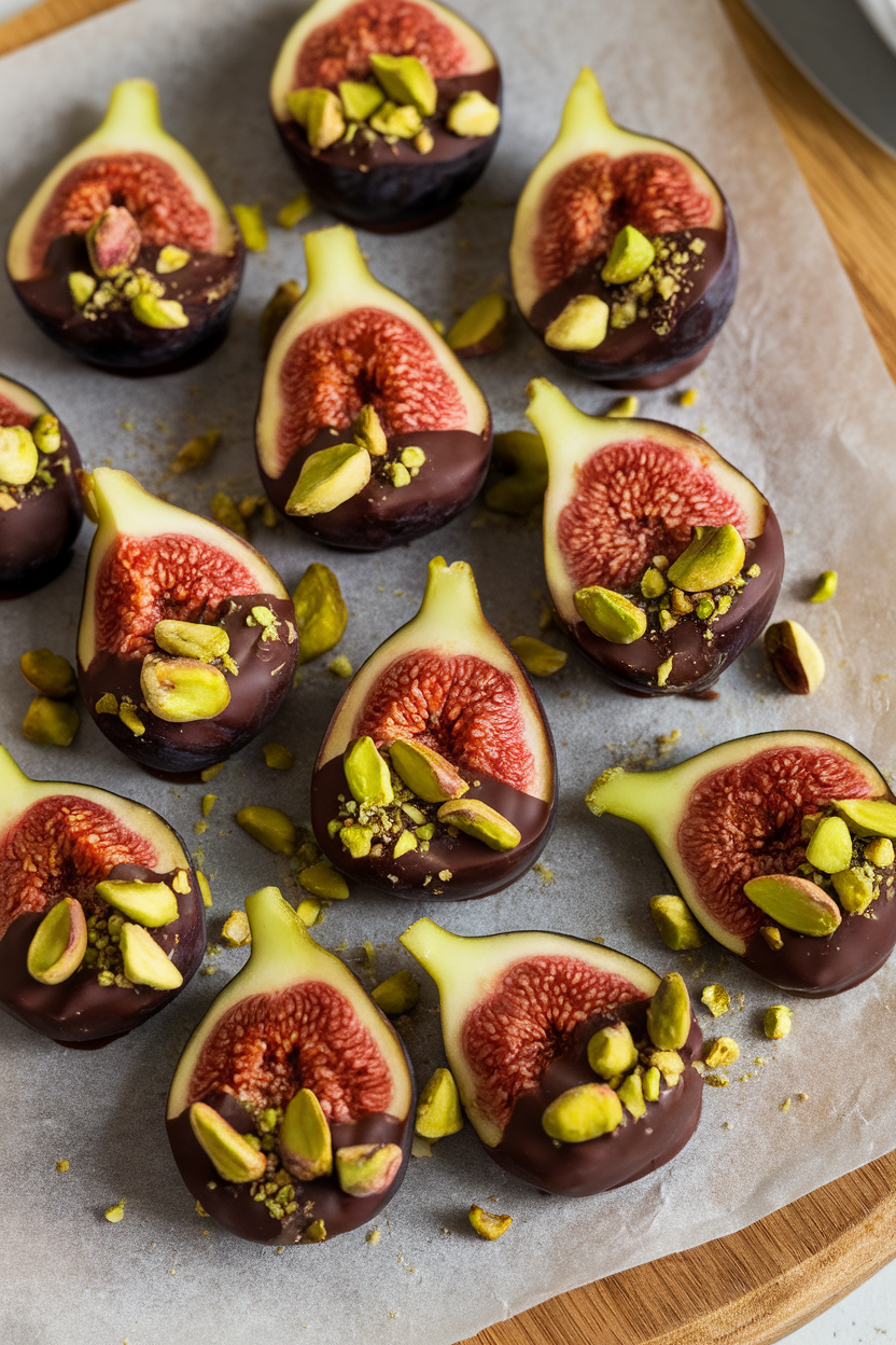 Indoor photo of halved fresh figs partially dipped in dark chocolate and sprinkled with crushed pistachios, arranged on parchment. No text or logos present.