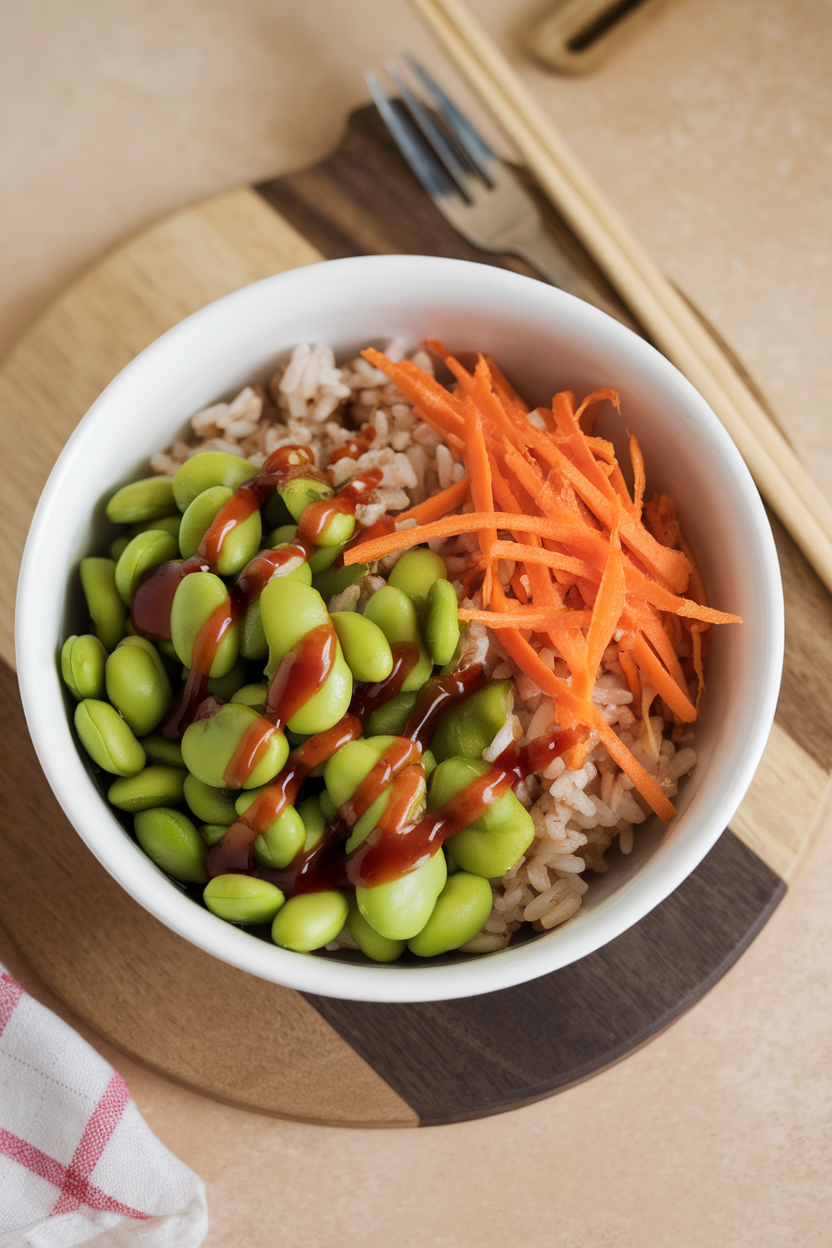 An indoor bowl featuring steamed edamame, brown rice, shredded carrots, and sriracha drizzle. Photo, no text or logos.